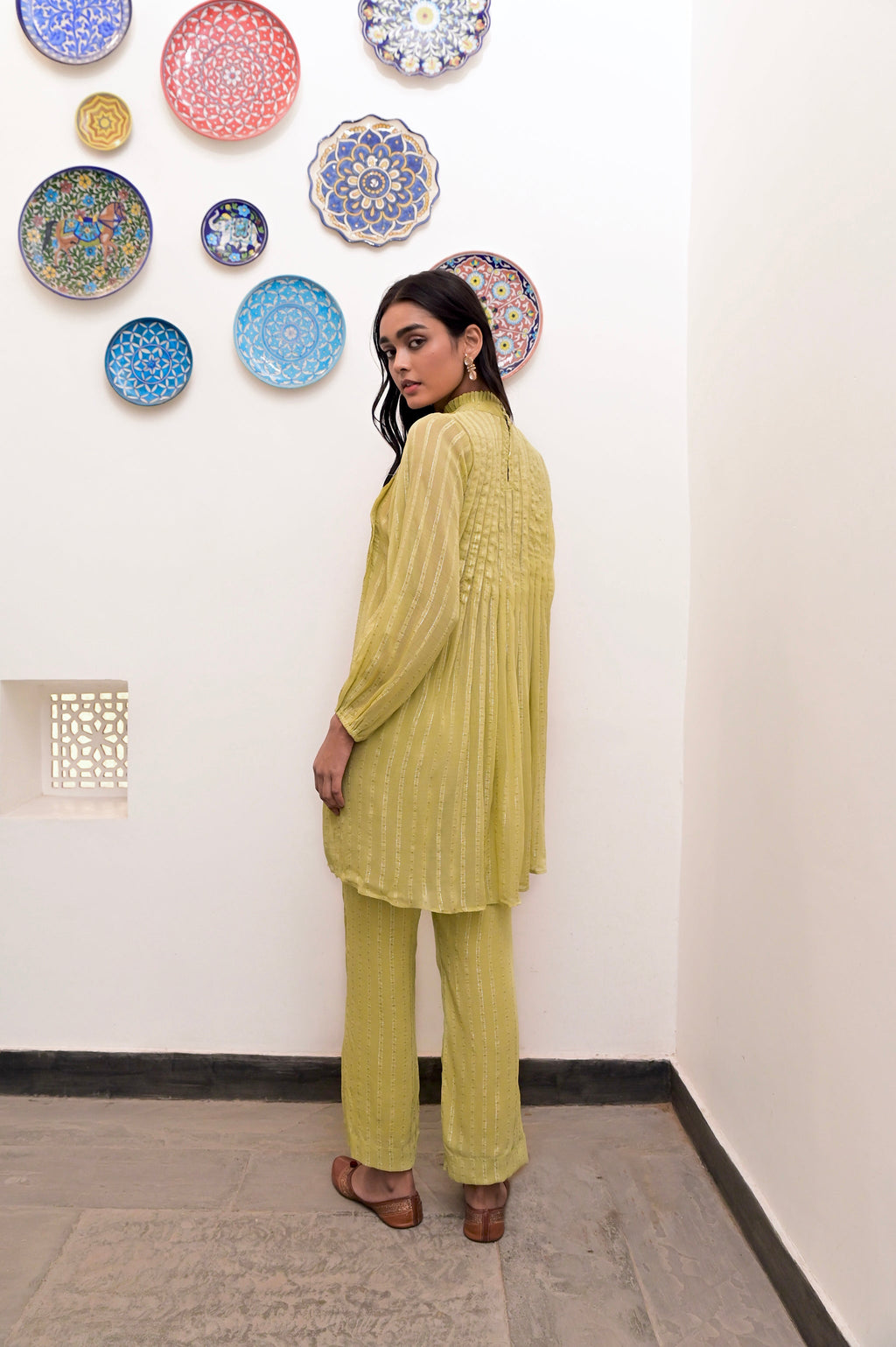 Yellow Fan Pleated Collar Co-ord Set at Kamakhyaa by Taro. This item is Beige, Chaandi, Co-ord Sets, Cotton, Cotton Lurex, Natural, Regular Fit, Silver, Solids, Womenswear, Yellow