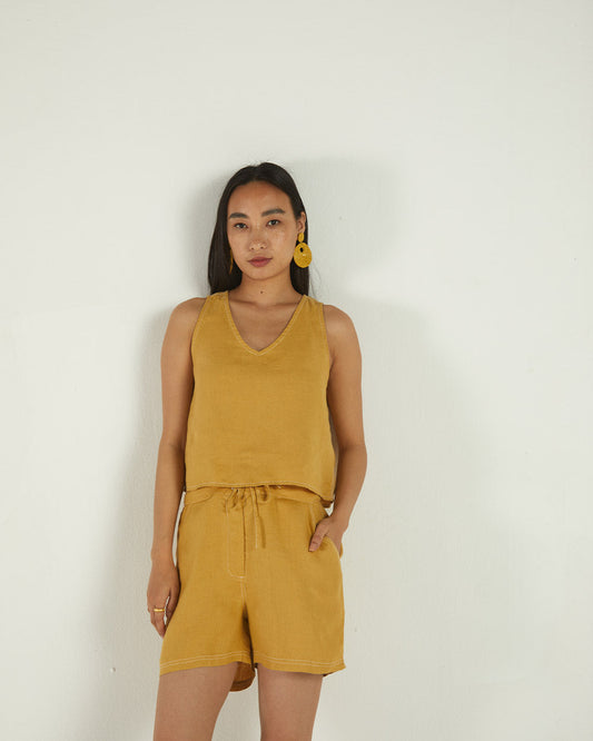 Yellow Fitted Shorts at Kamakhyaa by Reistor. This item is Bemberg, Casual Wear, Hemp, Natural, Shorts, Solids, Womenswear, Yellow
