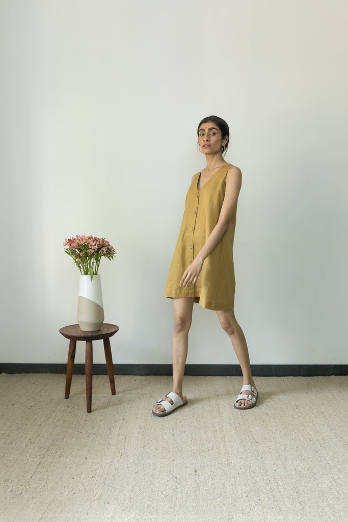 Yellow Flowy Mini Dress at Kamakhyaa by Anushé Pirani. This item is Casual Wear, Cotton, Cotton Hemp, Handwoven, Hemp, Mini Dresses, Regular Fit, Shibumi Collection, Sleeveless Dresses, Solids, Womenswear, Yellow