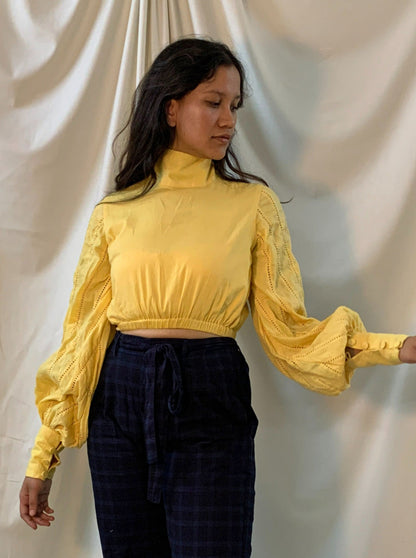 Yellow Full Sleeves Crop Top at Kamakhyaa by Chambray & Co.. This item is Casual Wear, Cotton, Crop Tops, Natural, Regular Fit, Solids, Tops, Womenswear, Yellow