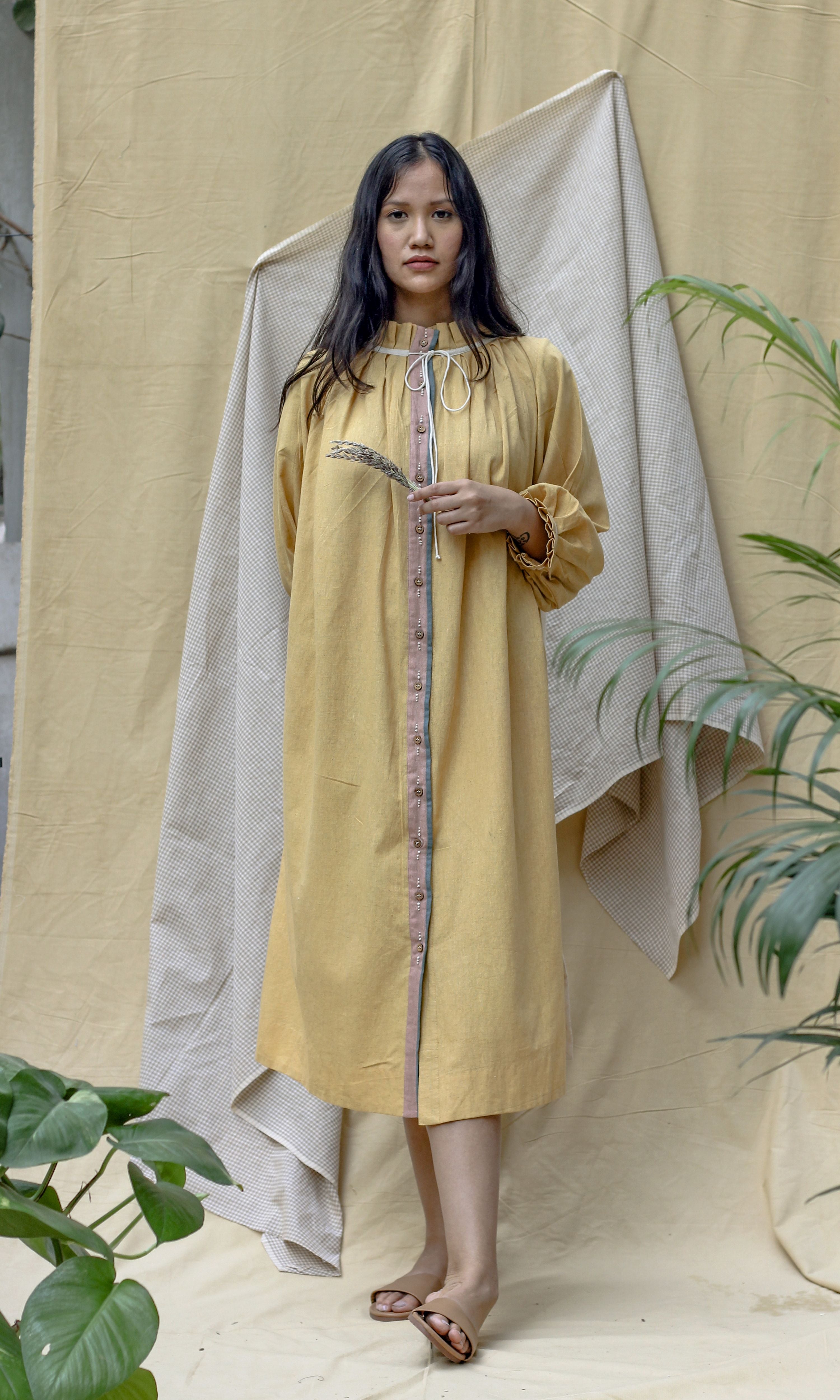 Yellow Full Sleeves Midi Dress at Kamakhyaa by Chambray & Co.. This item is Casual Wear, Hand Spun Cotton, Midi Dresses, Natural, Regular Fit, Render, Solids, Womenswear, Yellow