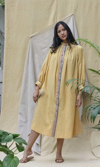 Yellow Full Sleeves Midi Dress at Kamakhyaa by Chambray & Co.. This item is Casual Wear, Hand Spun Cotton, Midi Dresses, Natural, Regular Fit, Render, Solids, Womenswear, Yellow