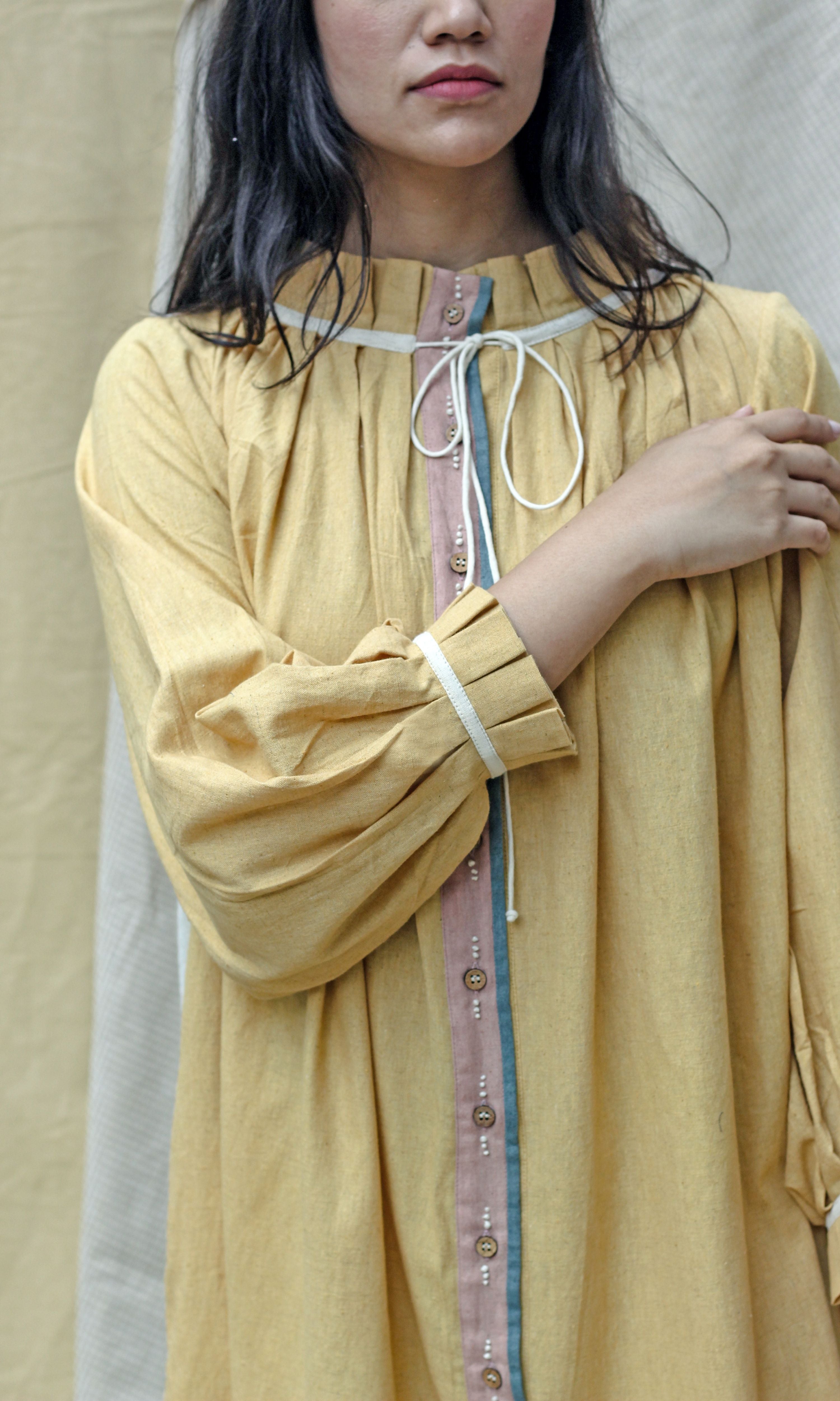 Yellow Full Sleeves Midi Dress at Kamakhyaa by Chambray & Co.. This item is Casual Wear, Hand Spun Cotton, Midi Dresses, Natural, Regular Fit, Render, Solids, Womenswear, Yellow