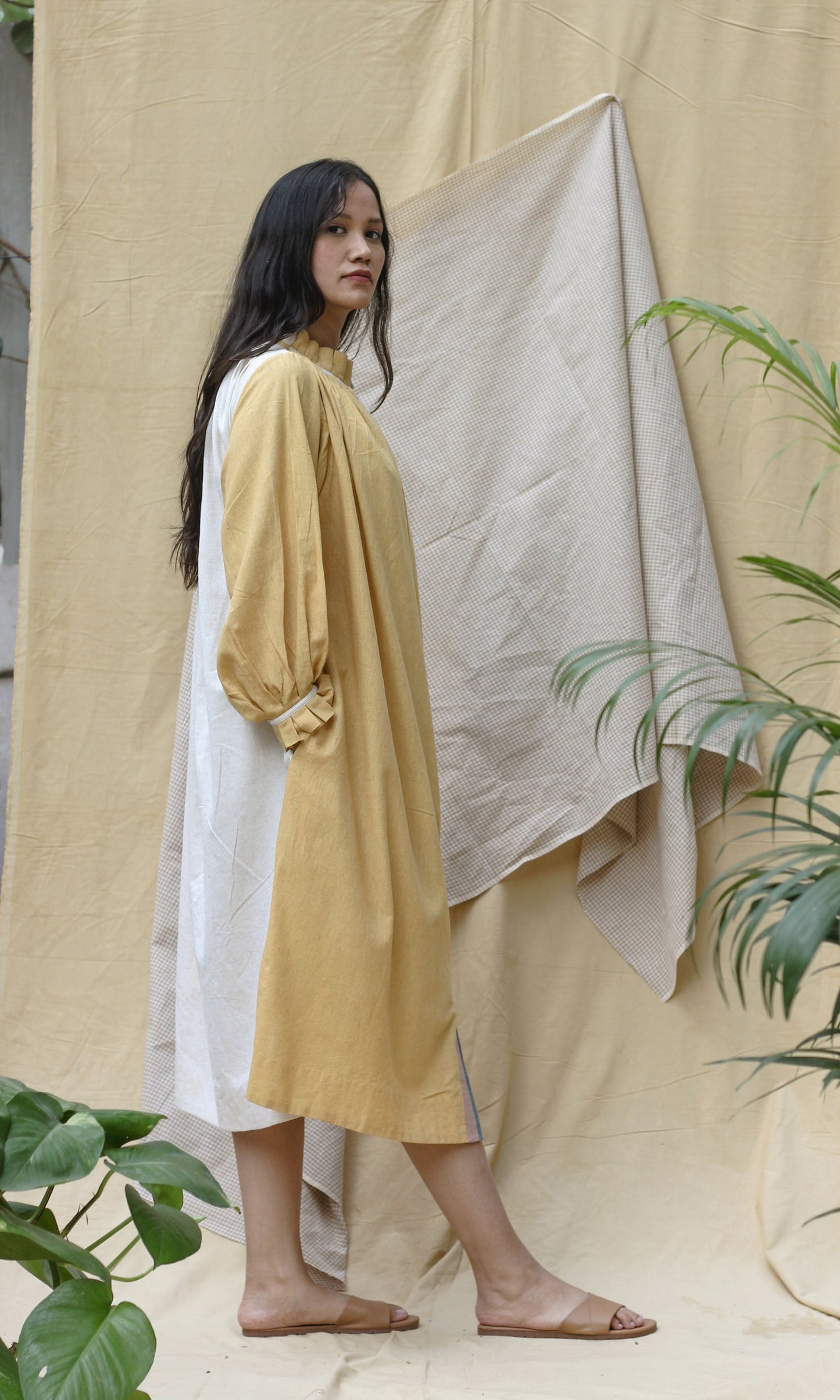 Yellow Full Sleeves Midi Dress at Kamakhyaa by Chambray & Co.. This item is Casual Wear, Hand Spun Cotton, Midi Dresses, Natural, Regular Fit, Render, Solids, Womenswear, Yellow