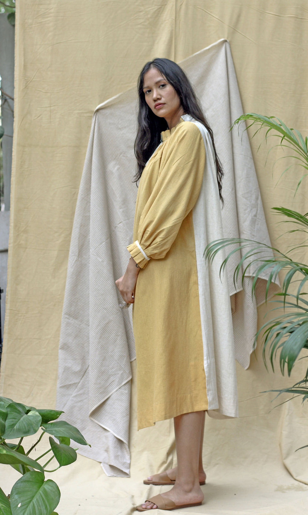 Yellow Full Sleeves Midi Dress at Kamakhyaa by Chambray & Co.. This item is Casual Wear, Hand Spun Cotton, Midi Dresses, Natural, Regular Fit, Render, Solids, Womenswear, Yellow