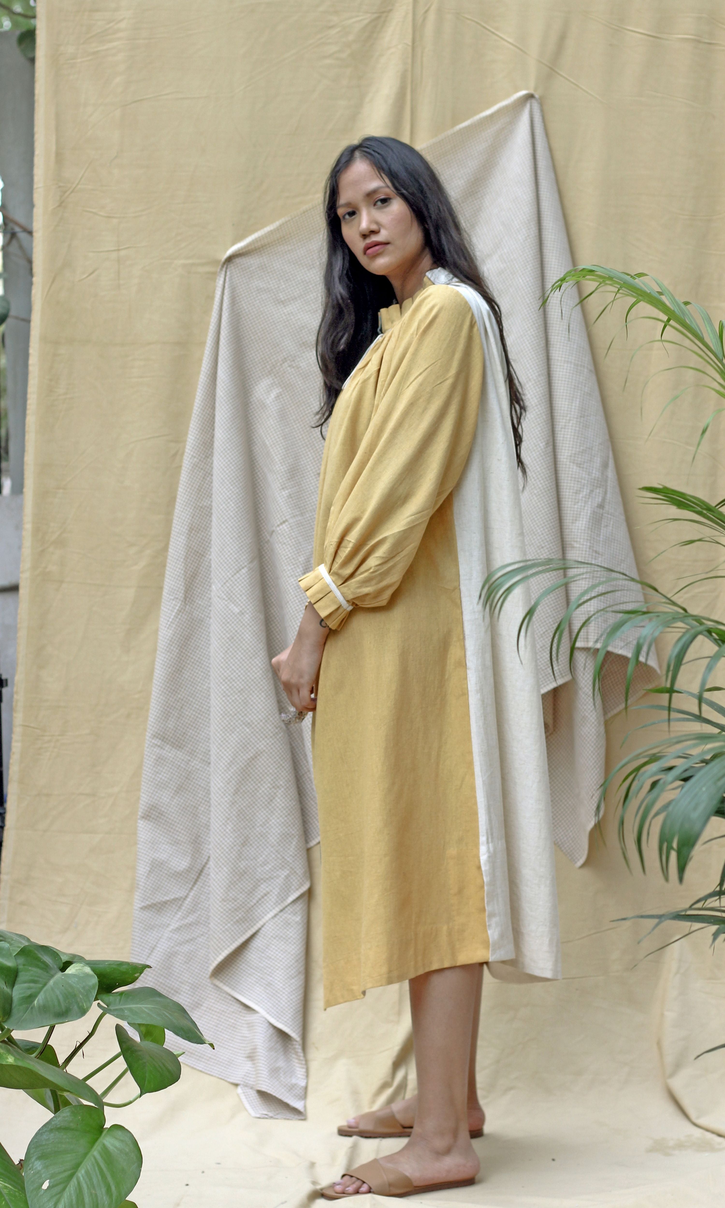 Yellow Full Sleeves Midi Dress at Kamakhyaa by Chambray & Co.. This item is Casual Wear, Hand Spun Cotton, Midi Dresses, Natural, Regular Fit, Render, Solids, Womenswear, Yellow