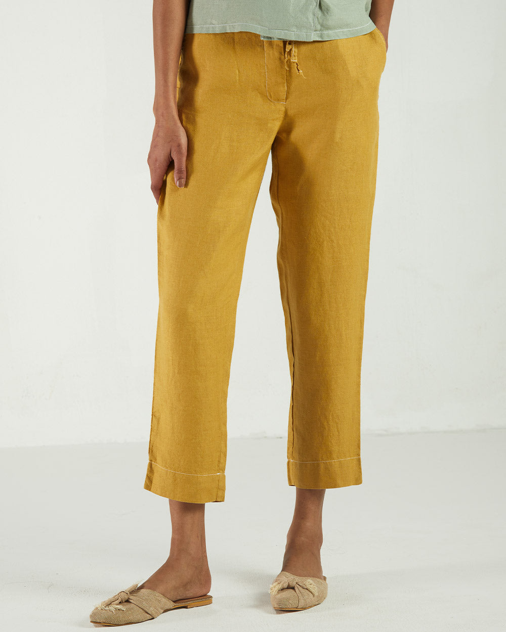 Yellow High-Waist Pants at Kamakhyaa by Reistor. This item is Bemberg, Casual Wear, Fitted At Waist, Hemp, Natural, Pants, Solids, Womenswear, Yellow