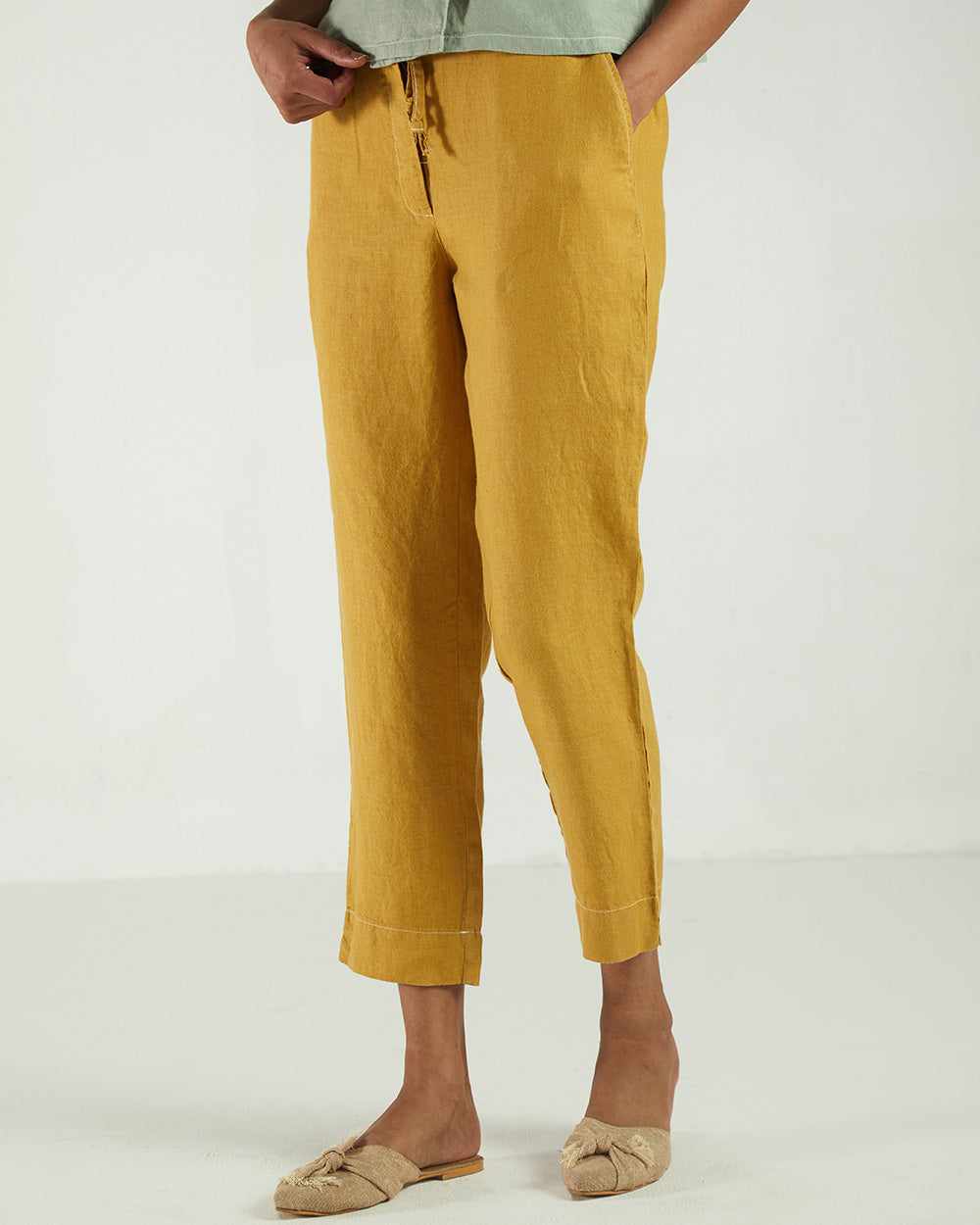 Yellow High-Waist Pants at Kamakhyaa by Reistor. This item is Bemberg, Casual Wear, Fitted At Waist, Hemp, Natural, Pants, Solids, Womenswear, Yellow