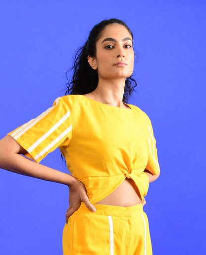 Yellow Knotted Crop Top at Kamakhyaa by Rias Jaipur. This item is Casual Wear, Crop Tops, Handloom Cotton, Handspun, Handwoven, Hue, Regular Fit, Solids, Stripes, Womenswear, Yellow