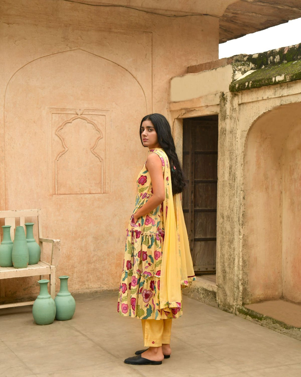 Yellow Kurta Set With Chiffon Dupatta at Kamakhyaa by Taro. This item is Beads work, Casual Wear, Chiffon, Digital Print, Enchanted Garden, Evening Wear, Indian Wear, July Sale, July Sale 2023, Kurta Pant Sets, Kurta Set With Dupatta, Mulmul, Natural, Natural with azo free dyes, Regular Fit, Womenswear, Yellow