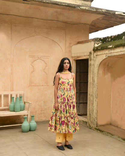 Yellow Kurta Set With Chiffon Dupatta at Kamakhyaa by Taro. This item is Beads work, Casual Wear, Chiffon, Digital Print, Enchanted Garden, Evening Wear, Indian Wear, July Sale, July Sale 2023, Kurta Pant Sets, Kurta Set With Dupatta, Mulmul, Natural, Natural with azo free dyes, Regular Fit, Womenswear, Yellow