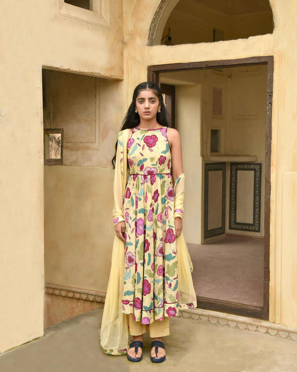 Yellow Kurta Set With Dupatta at Kamakhyaa by Taro. This item is Best Selling, Casual Wear, Chiffon, Digital Print, Enchanted Garden, Evening Wear, Fitted At Waist, Indian Wear, July Sale, July Sale 2023, Kurta Pant Sets, Kurta Set With Dupatta, Mulmul, Natural, Natural with azo free dyes, Womenswear, Yellow