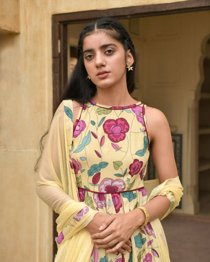 Yellow Kurta Set With Dupatta at Kamakhyaa by Taro. This item is Best Selling, Casual Wear, Chiffon, Digital Print, Enchanted Garden, Evening Wear, Fitted At Waist, Indian Wear, July Sale, July Sale 2023, Kurta Pant Sets, Kurta Set With Dupatta, Mulmul, Natural, Natural with azo free dyes, Womenswear, Yellow