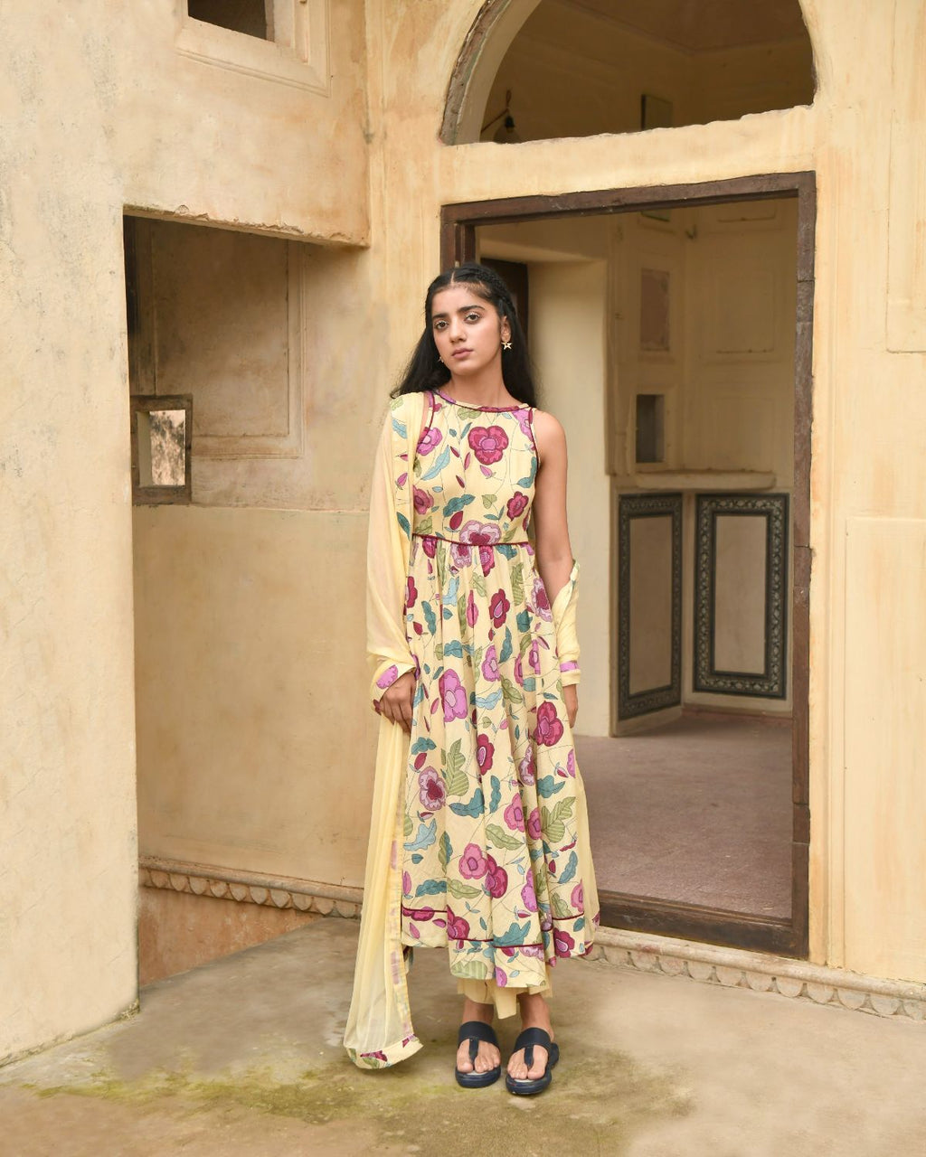 Yellow Kurta Set With Dupatta at Kamakhyaa by Taro. This item is Best Selling, Casual Wear, Chiffon, Digital Print, Enchanted Garden, Evening Wear, Fitted At Waist, Indian Wear, July Sale, July Sale 2023, Kurta Pant Sets, Kurta Set With Dupatta, Mulmul, Natural, Natural with azo free dyes, Womenswear, Yellow