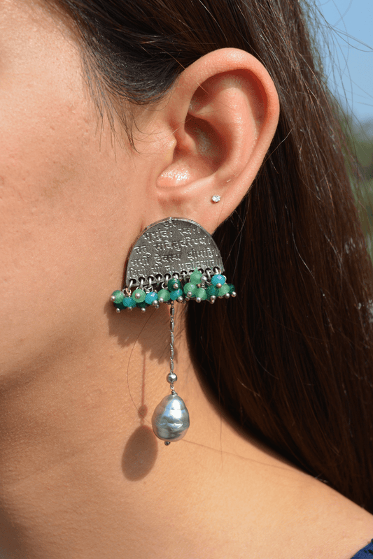 Yellow Long Earring Mantra Baroque at Kamakhyaa by House Of Heer. This item is Alloy Metal, Festive Jewellery, Festive Wear, Free Size, Gemstone, Green, jewelry, July Sale, July Sale 2023, Less than $50, Long Earrings, Natural, Pearl, Textured