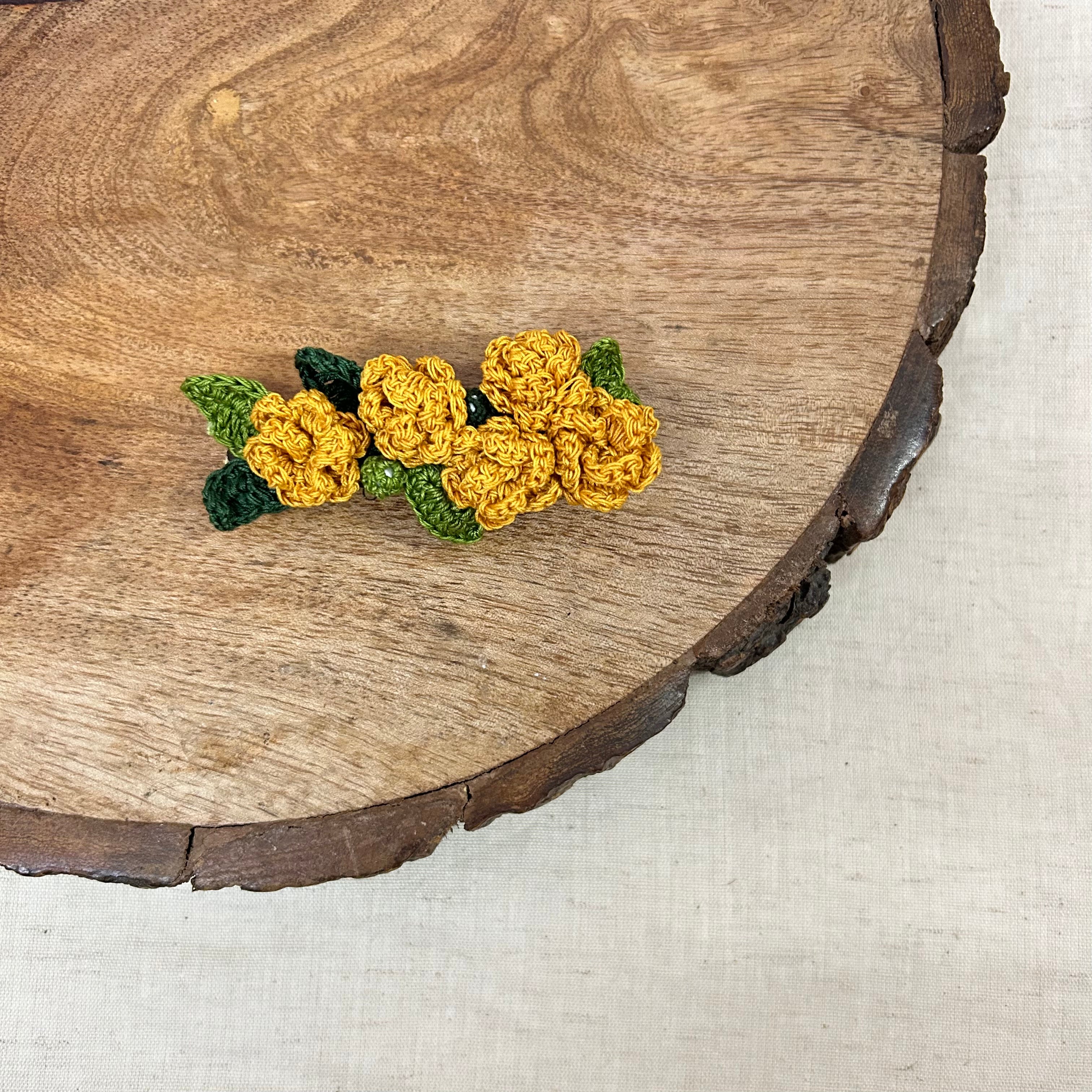 Yellow Marigoald Crochet Hair Clip at Kamakhyaa by Ikriit'm. This item is Accessories, Cotton yarn, Crochet, Free Size, Hair Accessories, Ikriit'm, Natural, Yellow