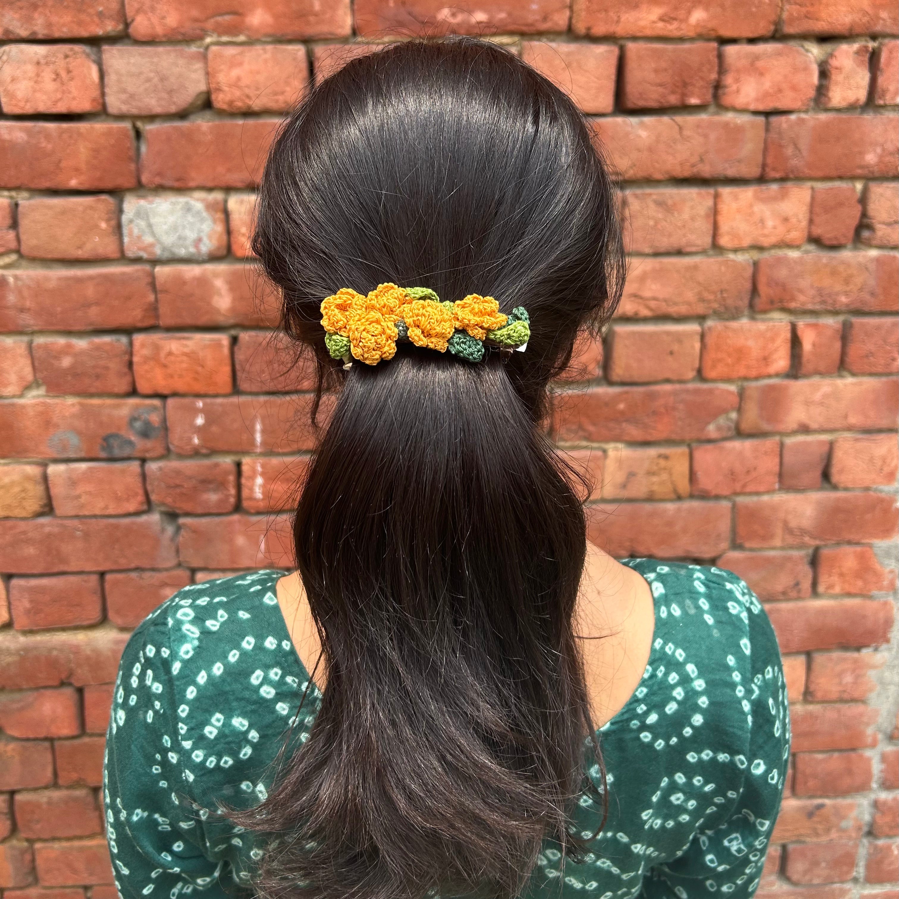 Yellow Marigoald Crochet Hair Clip at Kamakhyaa by Ikriit'm. This item is Accessories, Cotton yarn, Crochet, Free Size, Hair Accessories, Ikriit'm, Natural, Yellow