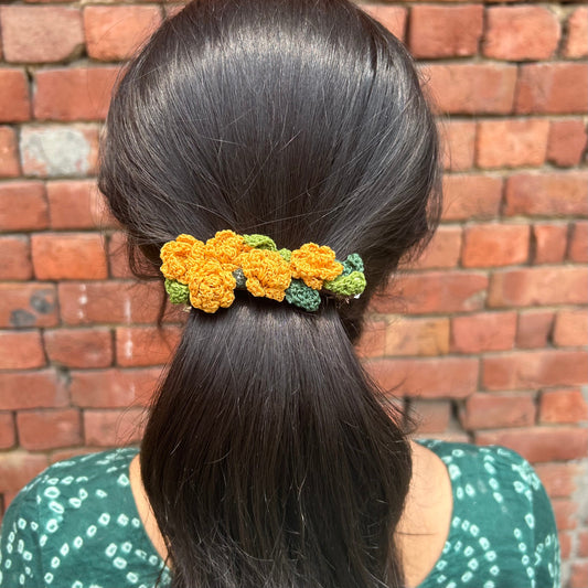 Yellow Marigoald Crochet Hair Clip at Kamakhyaa by Ikriit'm. This item is Accessories, Cotton yarn, Crochet, Free Size, Hair Accessories, Ikriit'm, Natural, Yellow
