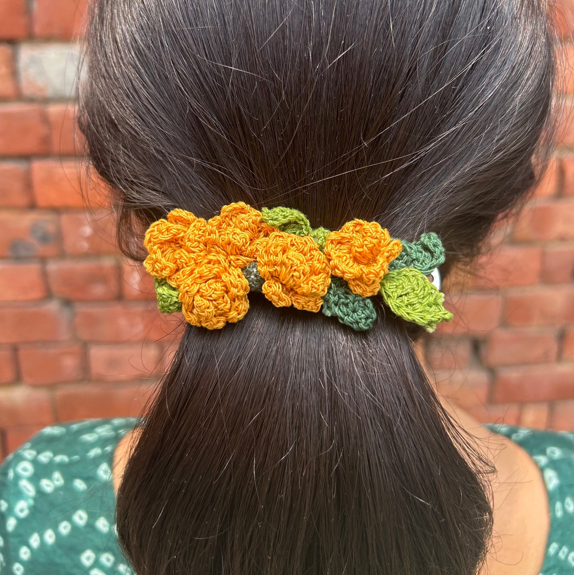 Yellow Marigoald Crochet Hair Clip at Kamakhyaa by Ikriit'm. This item is Accessories, Cotton yarn, Crochet, Free Size, Hair Accessories, Ikriit'm, Natural, Yellow