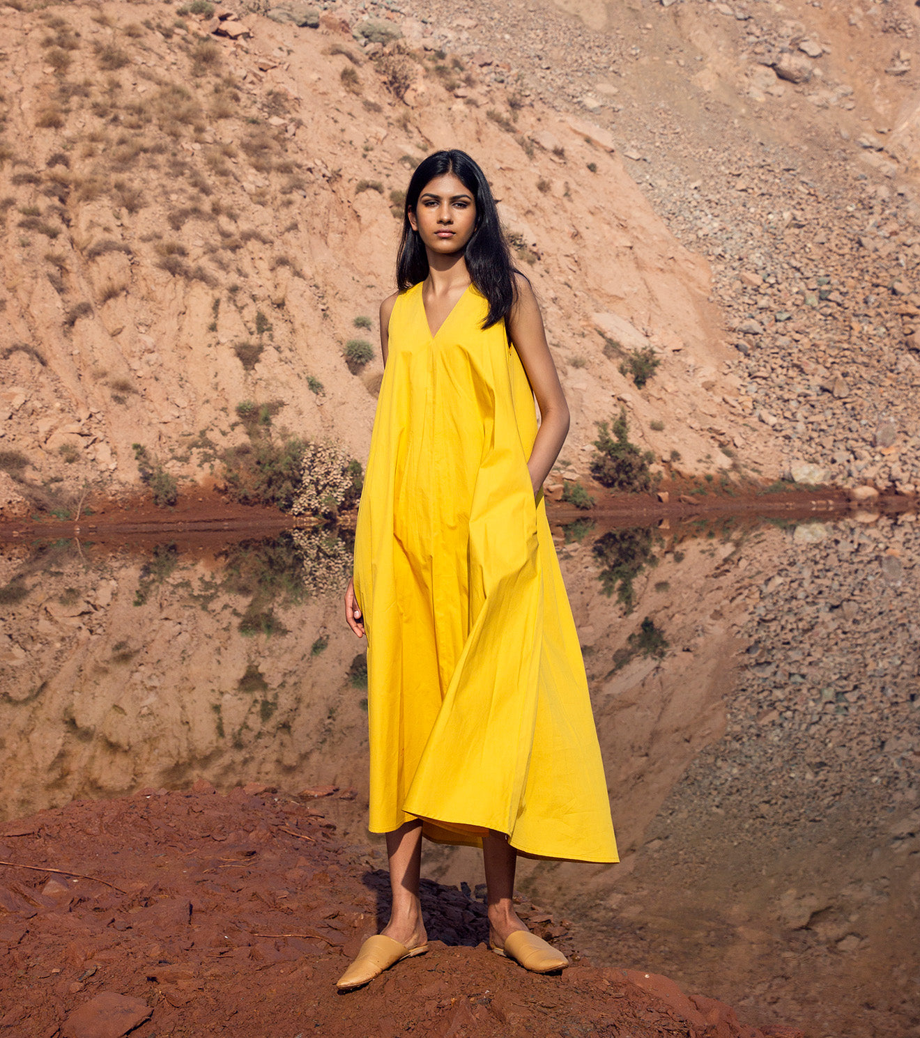 Yellow Midi Dress at Kamakhyaa by Khara Kapas. This item is 32 Days, Earth Party, Midi Dresses, Natural, Relaxed Fit, Resort Wear, Sleeveless Dresses, Solid Selfmade, Solids, Womenswear, Yellow