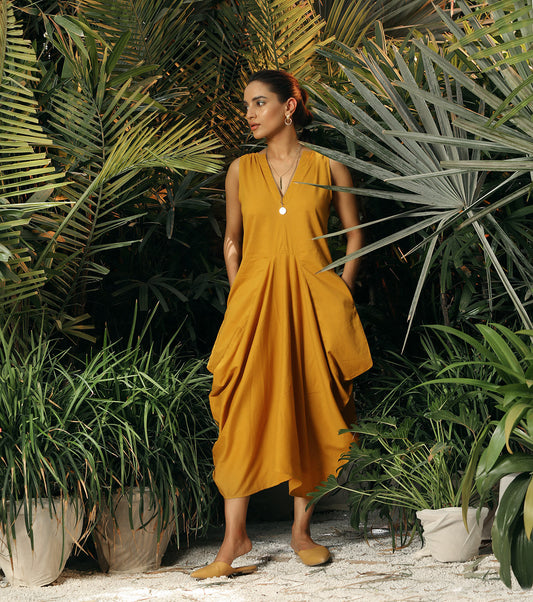Yellow Midi Dress with Pockets at Kamakhyaa by Khara Kapas. This item is Lost In paradise, Midi Dresses, Mul Cotton, Natural, Regular Fit, Resort Wear, Sleeveless Dresses, Solid Selfmade, Solids, Womenswear, Yellow
