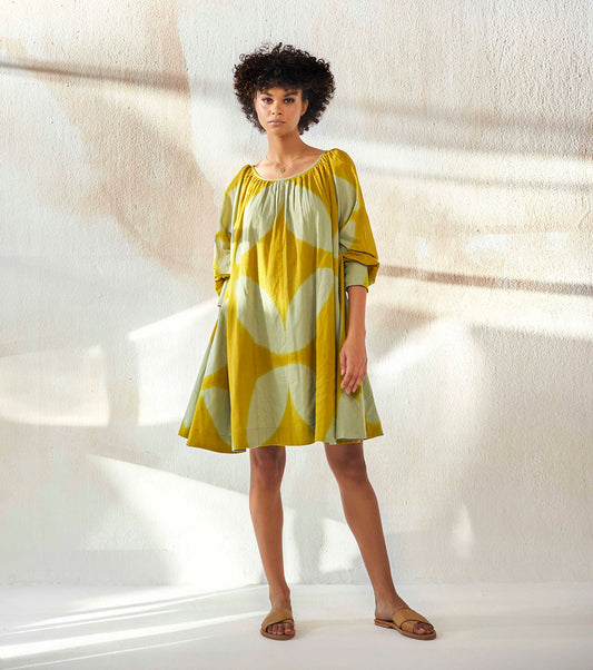 Yellow Mini Dress with Pockets at Kamakhyaa by Khara Kapas. This item is Endless Summer, Mini Dresses, Mulmul, Natural, Printed Selfsame, Prints, Regular Fit, Resort Wear, Womenswear, Yellow