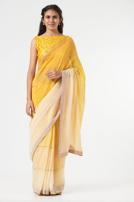 Yellow Ombre Saree + Peticot at Kamakhyaa by Ahmev. This item is Casual Wear, Festive '22, For Mother, Free Size, Indian Wear, July Sale, July Sale 2023, Natural, New, Ombre & Dyes, Regular Fit, Saree Sets, Silk Chanderi, Womenswear, Yellow