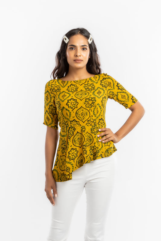Yellow Peplum Top at Kamakhyaa by House Of Ara. This item is Ajrakh, Ajrakh Collection, Casual Wear, Cupro, Fitted at Bust, Natural, Peplum Tops, Prints, Womenswear, Yellow