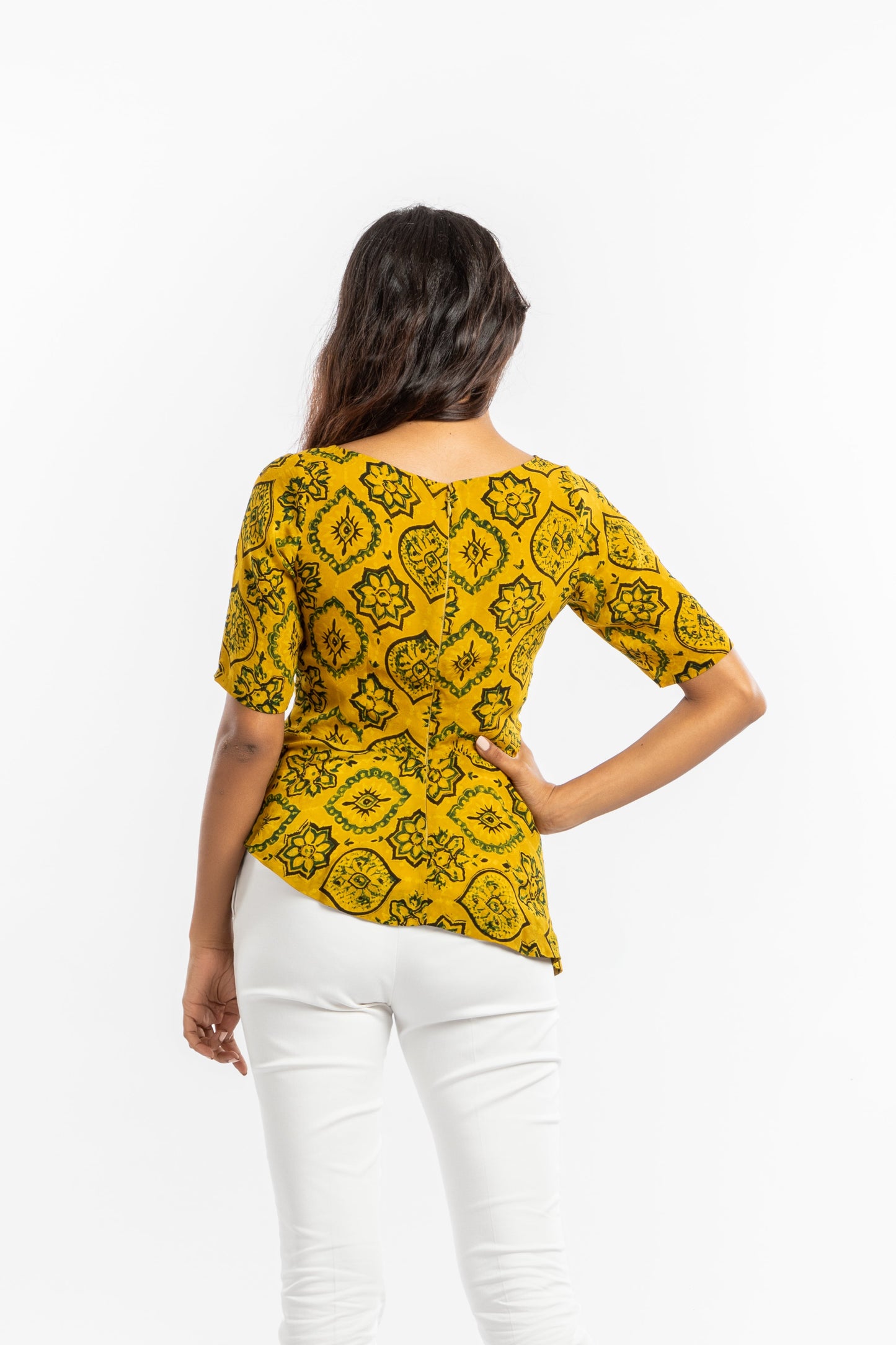 Yellow Peplum Top at Kamakhyaa by House Of Ara. This item is Ajrakh, Ajrakh Collection, Casual Wear, Cupro, Fitted at Bust, Natural, Peplum Tops, Prints, Womenswear, Yellow