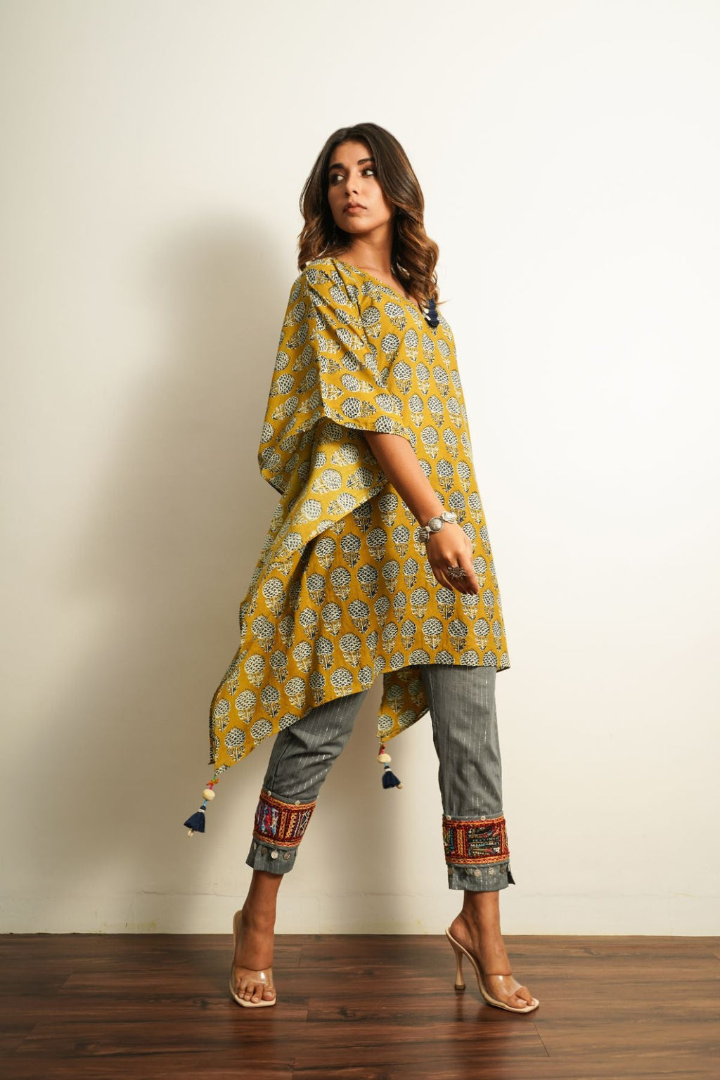 Yellow Printed Cotton Kaftan at Kamakhyaa by Keva. This item is 100% cotton, Best Selling, Fusion Wear, Kaftan Tops, Less than $50, Natural, New, Prints, Relaxed Fit, Saba, Womenswear, Yellow