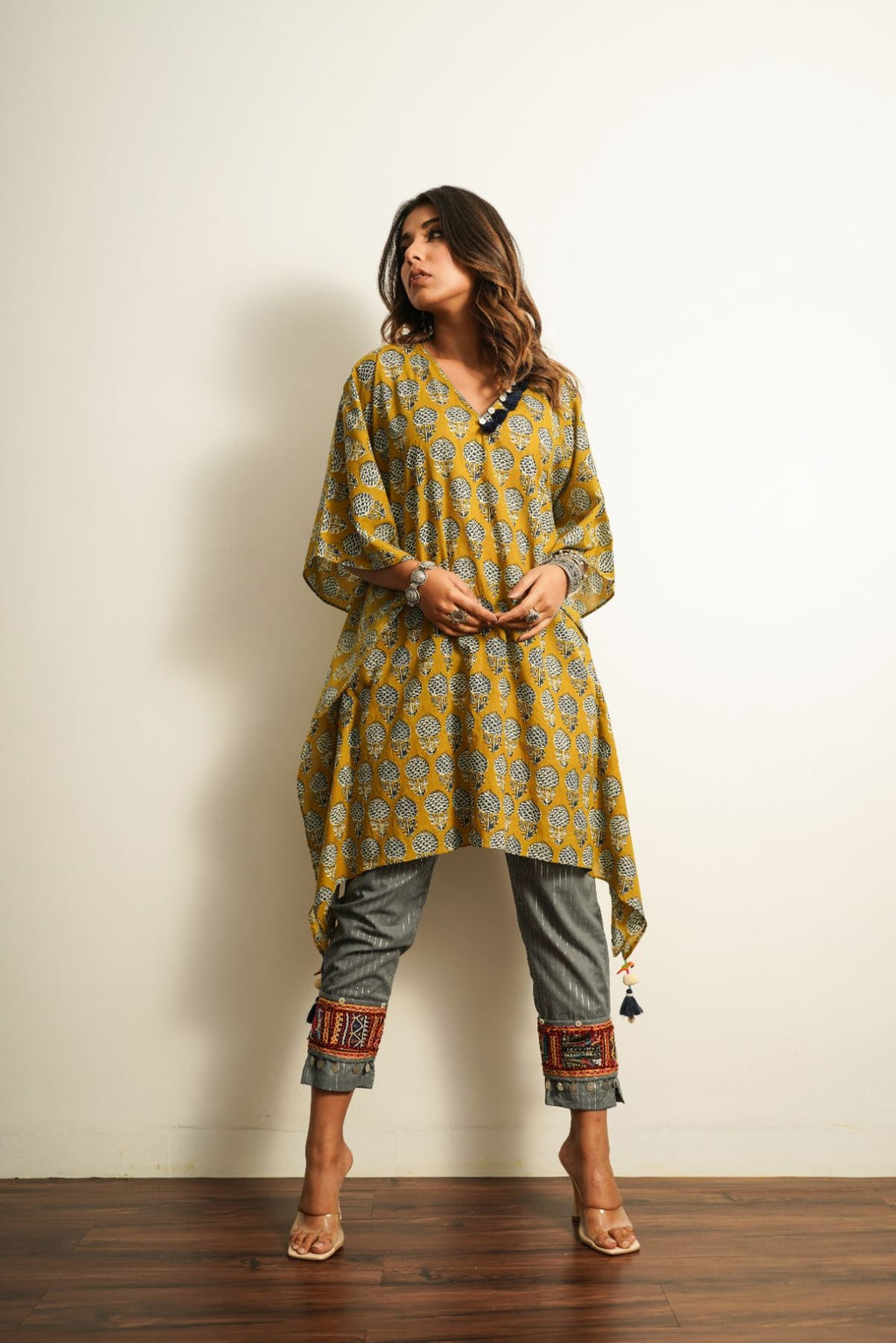 Yellow Printed Cotton Kaftan at Kamakhyaa by Keva. This item is 100% cotton, Best Selling, Fusion Wear, Kaftan Tops, Less than $50, Natural, New, Prints, Relaxed Fit, Saba, Womenswear, Yellow