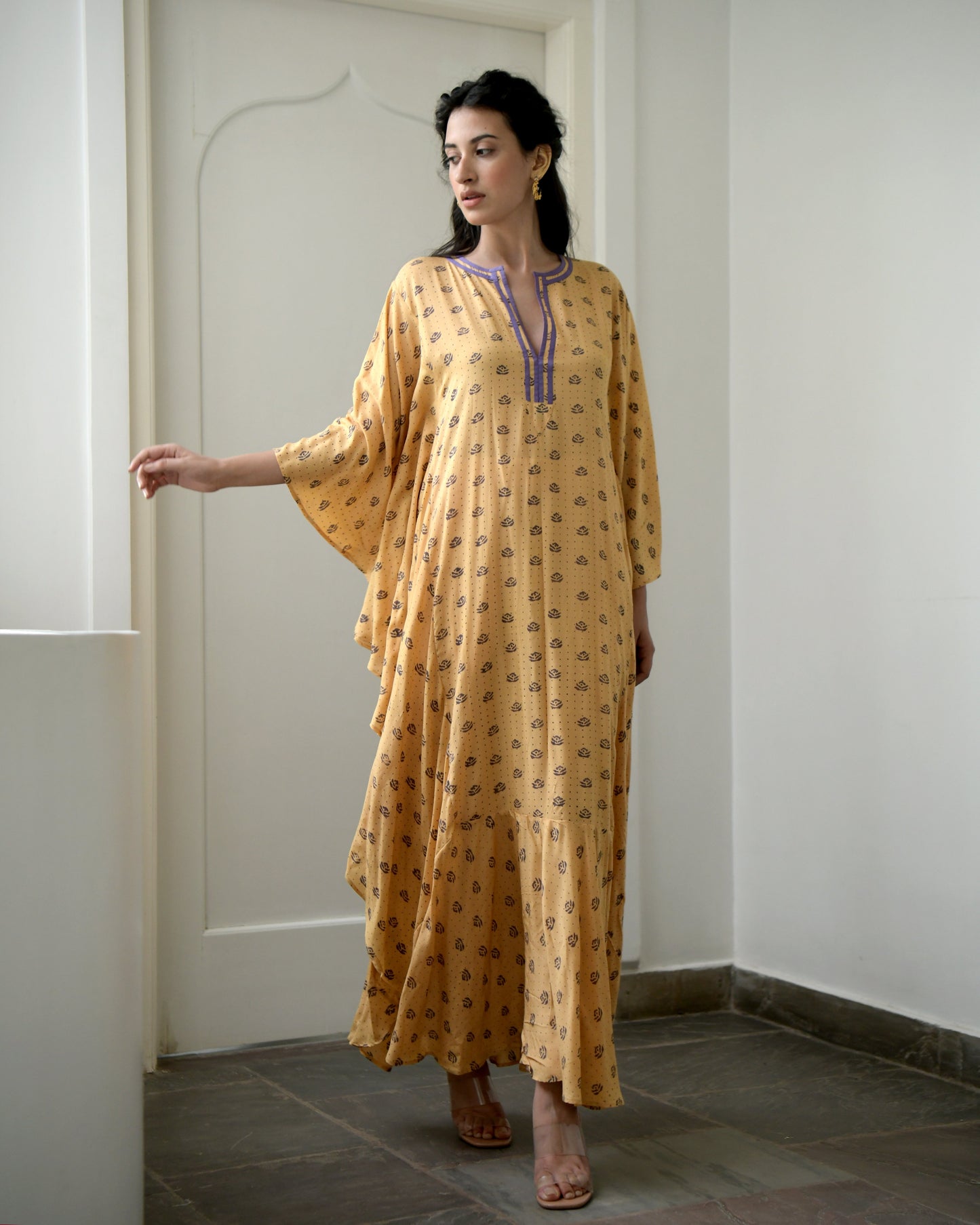 Yellow Printed Kaftan at Kamakhyaa by Taro. This item is Evening Wear, Gulzar Taro, July Sale, July Sale 2023, Kaftans, Maxi Dresses, Modal silk, Natural, Prints, Relaxed Fit, Womenswear, Yellow