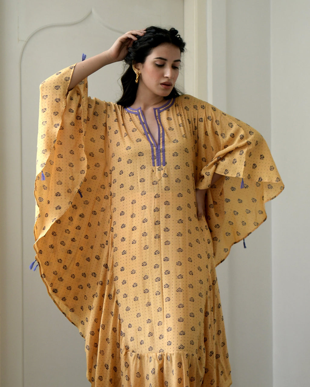 Yellow Printed Kaftan at Kamakhyaa by Taro. This item is Evening Wear, Gulzar Taro, July Sale, July Sale 2023, Kaftans, Maxi Dresses, Modal silk, Natural, Prints, Relaxed Fit, Womenswear, Yellow