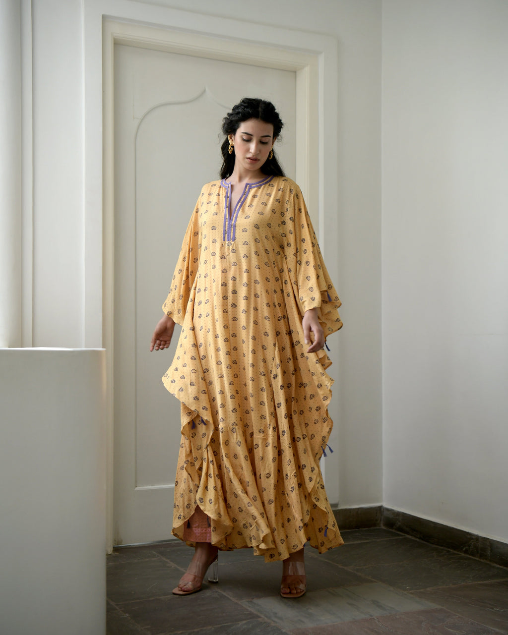 Yellow Printed Kaftan at Kamakhyaa by Taro. This item is Evening Wear, Gulzar Taro, July Sale, July Sale 2023, Kaftans, Maxi Dresses, Modal silk, Natural, Prints, Relaxed Fit, Womenswear, Yellow