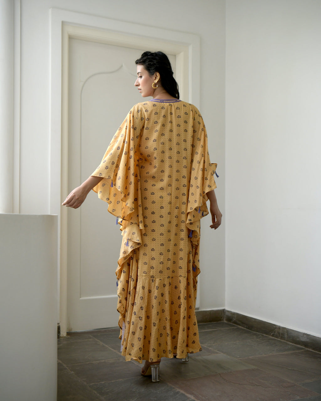 Yellow Printed Kaftan at Kamakhyaa by Taro. This item is Evening Wear, Gulzar Taro, July Sale, July Sale 2023, Kaftans, Maxi Dresses, Modal silk, Natural, Prints, Relaxed Fit, Womenswear, Yellow