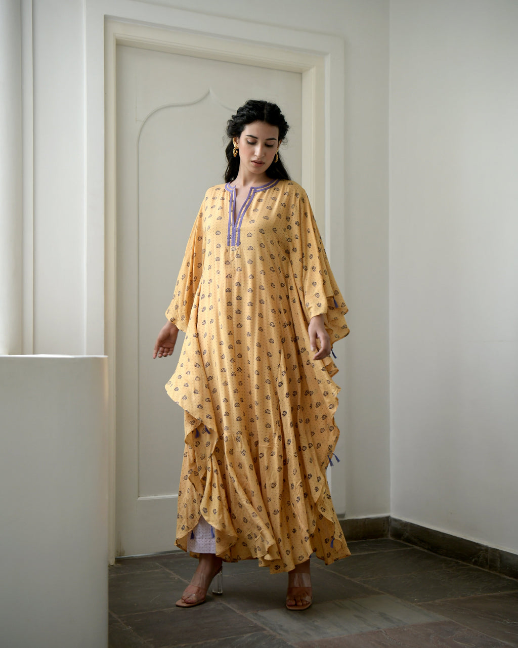 Yellow Printed Kaftan at Kamakhyaa by Taro. This item is Evening Wear, Gulzar Taro, July Sale, July Sale 2023, Kaftans, Maxi Dresses, Modal silk, Natural, Prints, Relaxed Fit, Womenswear, Yellow