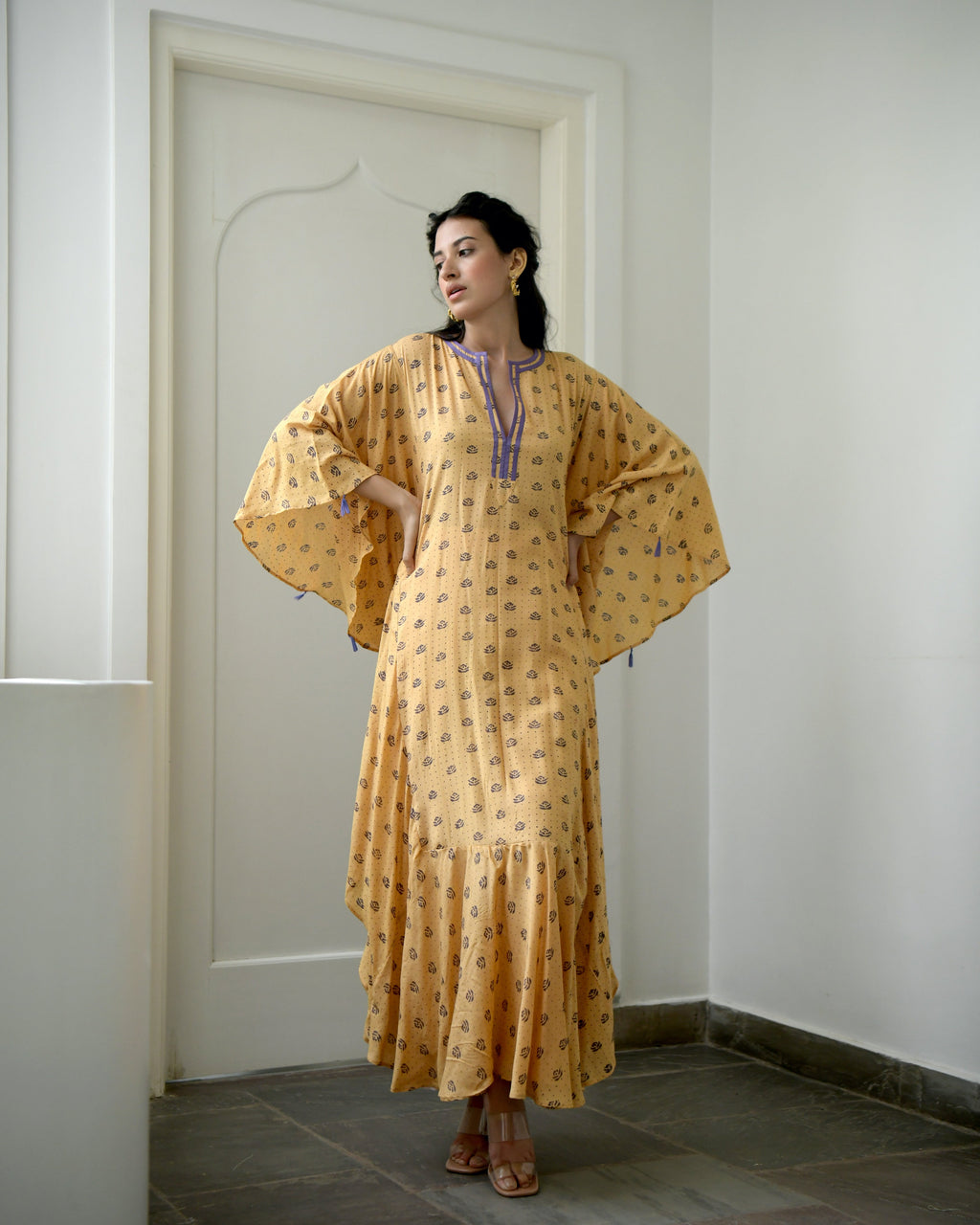 Yellow Printed Kaftan at Kamakhyaa by Taro. This item is Evening Wear, Gulzar Taro, July Sale, July Sale 2023, Kaftans, Maxi Dresses, Modal silk, Natural, Prints, Relaxed Fit, Womenswear, Yellow