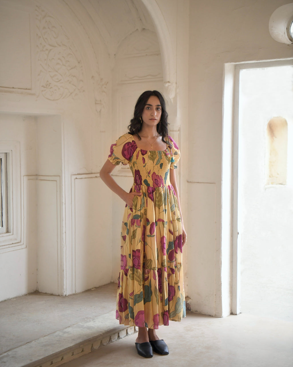 Yellow Printed Maxi Dress at Kamakhyaa by Taro. This item is Azo Free Dyes, Best Selling, Chanderi Silk, FB ADS JUNE, Festive Wear, Garden Of Dreams, July Sale, July Sale 2023, Maxi Dresses, Prints, Tiered Dresses, Womenswear, Yellow