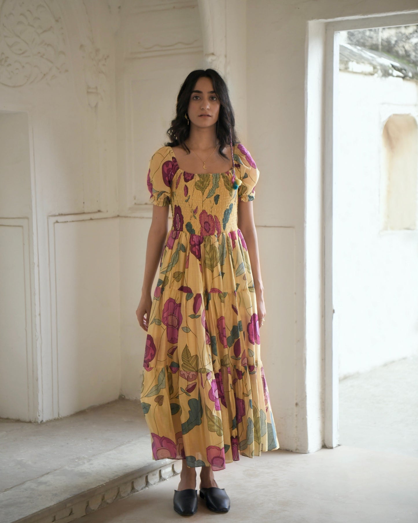 Yellow Printed Maxi Dress at Kamakhyaa by Taro. This item is Azo Free Dyes, Best Selling, Chanderi Silk, FB ADS JUNE, Festive Wear, Garden Of Dreams, July Sale, July Sale 2023, Maxi Dresses, Prints, Tiered Dresses, Womenswear, Yellow