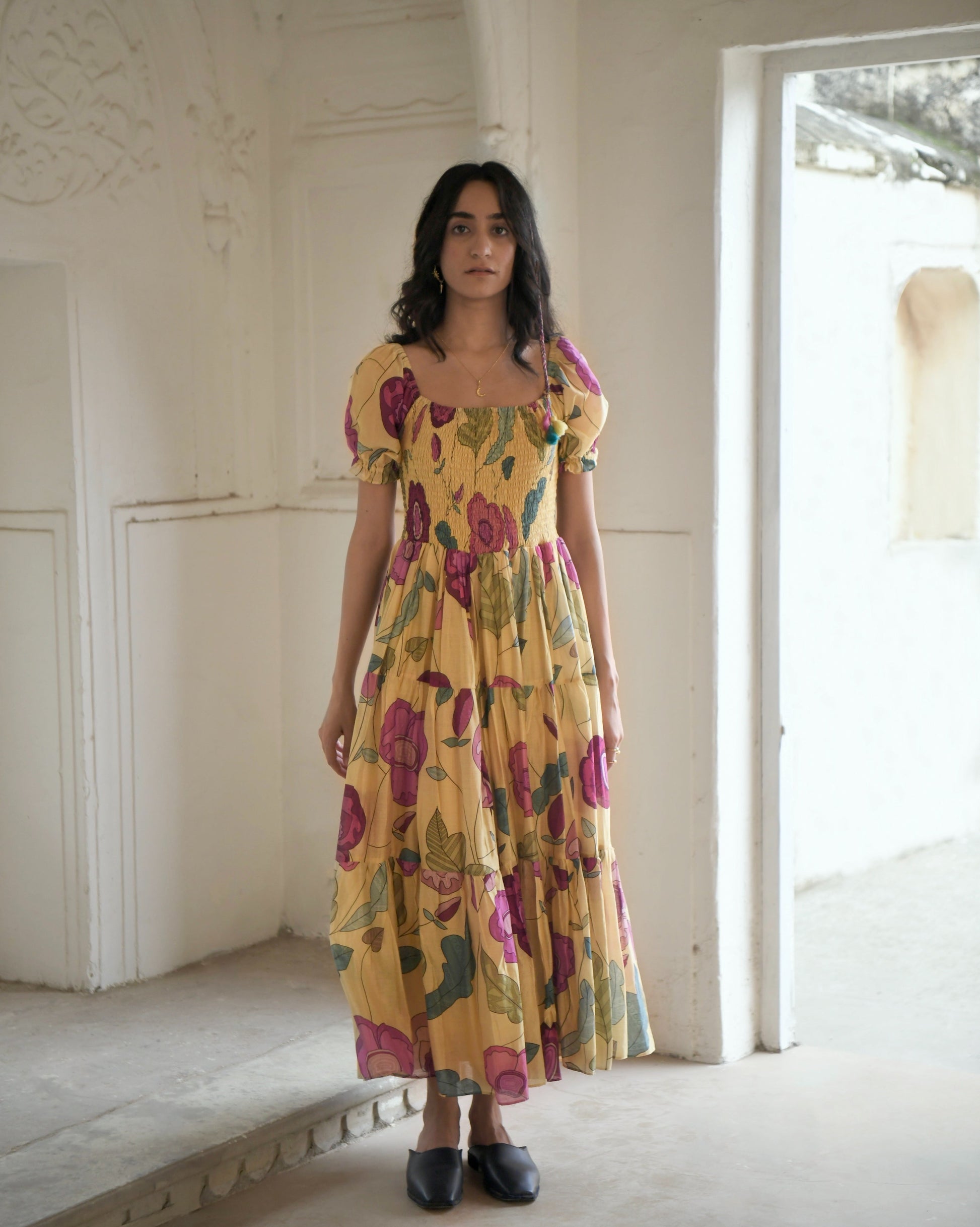 Yellow Printed Maxi Dress at Kamakhyaa by Taro. This item is Azo Free Dyes, Best Selling, Chanderi Silk, FB ADS JUNE, Festive Wear, Garden Of Dreams, July Sale, July Sale 2023, Maxi Dresses, Prints, Tiered Dresses, Womenswear, Yellow