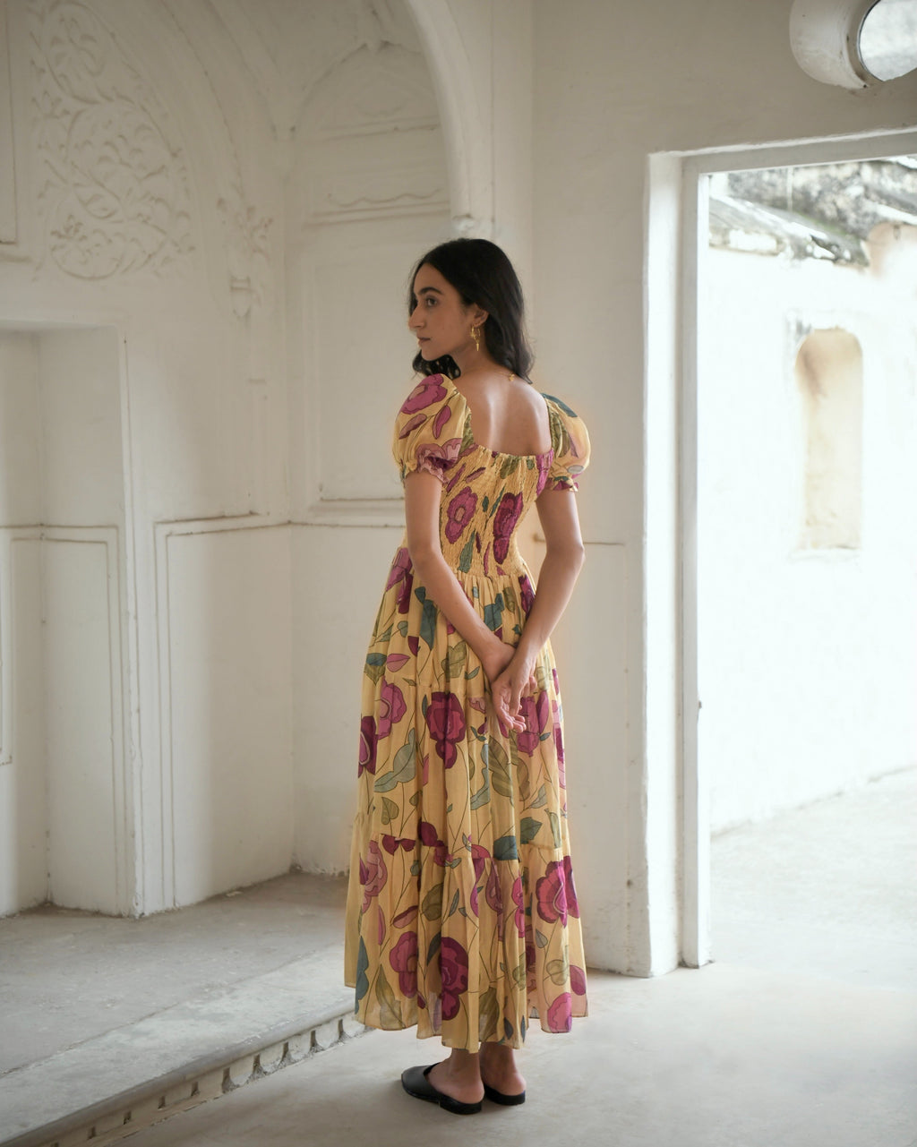 Yellow Printed Maxi Dress at Kamakhyaa by Taro. This item is Azo Free Dyes, Best Selling, Chanderi Silk, FB ADS JUNE, Festive Wear, Garden Of Dreams, July Sale, July Sale 2023, Maxi Dresses, Prints, Tiered Dresses, Womenswear, Yellow