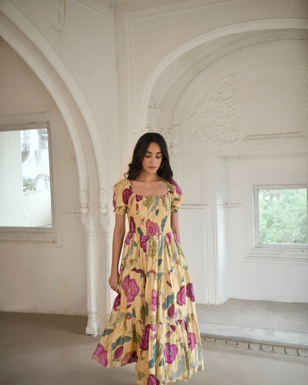 Yellow Printed Maxi Dress at Kamakhyaa by Taro. This item is Azo Free Dyes, Best Selling, Chanderi Silk, FB ADS JUNE, Festive Wear, Garden Of Dreams, July Sale, July Sale 2023, Maxi Dresses, Prints, Tiered Dresses, Womenswear, Yellow