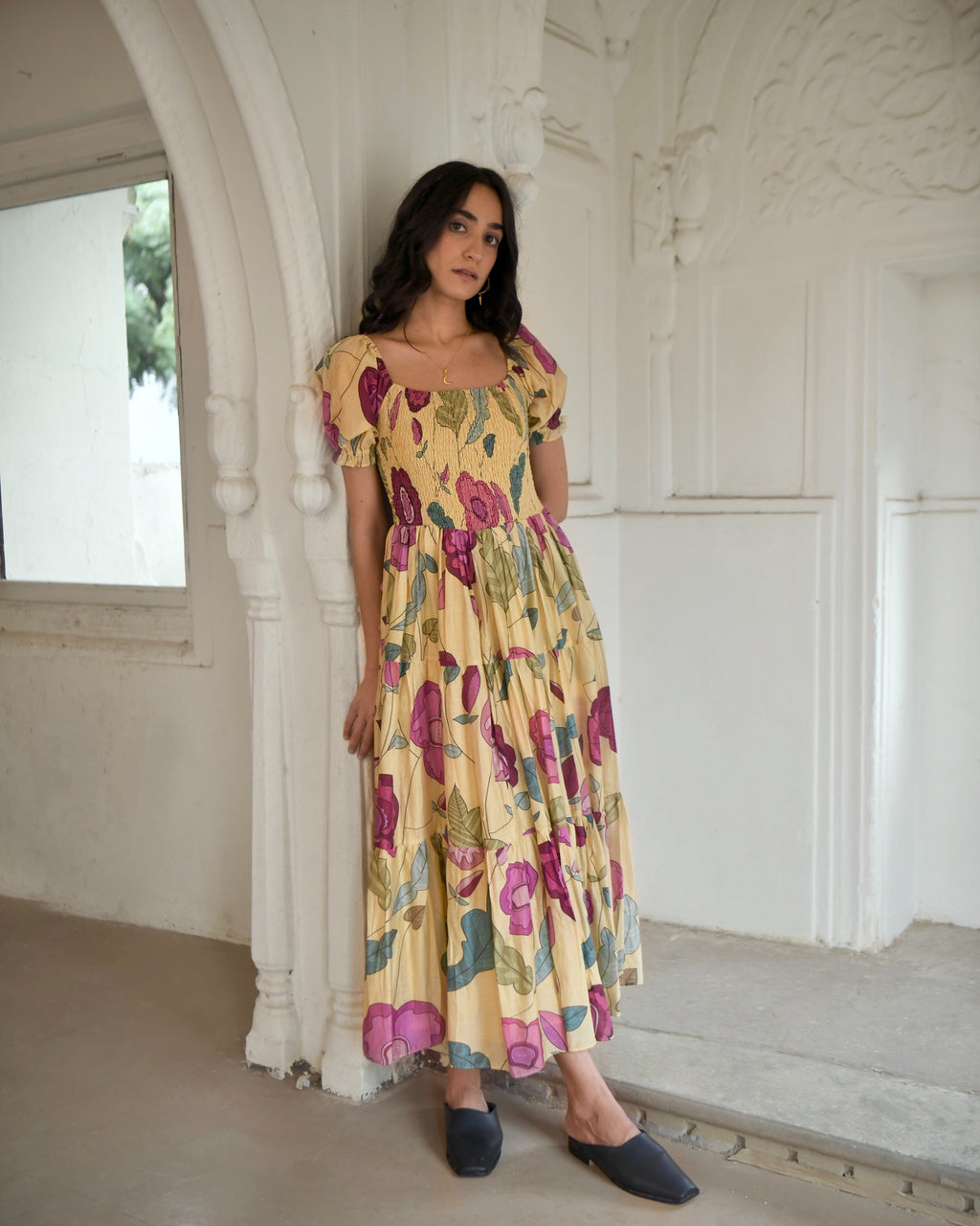 Yellow Printed Maxi Dress at Kamakhyaa by Taro. This item is Azo Free Dyes, Best Selling, Chanderi Silk, FB ADS JUNE, Festive Wear, Garden Of Dreams, July Sale, July Sale 2023, Maxi Dresses, Prints, Tiered Dresses, Womenswear, Yellow