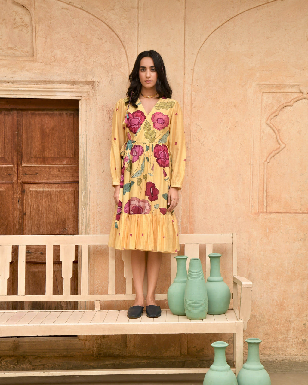 Yellow Printed Midi Dress at Kamakhyaa by Taro. This item is Azo Free Dyes, Chanderi Silk, Evening Wear, Garden Of Dreams, July Sale, July Sale 2023, Midi Dresses, Prints, Relaxed Fit, Womenswear, Wrap Dresses, Yellow