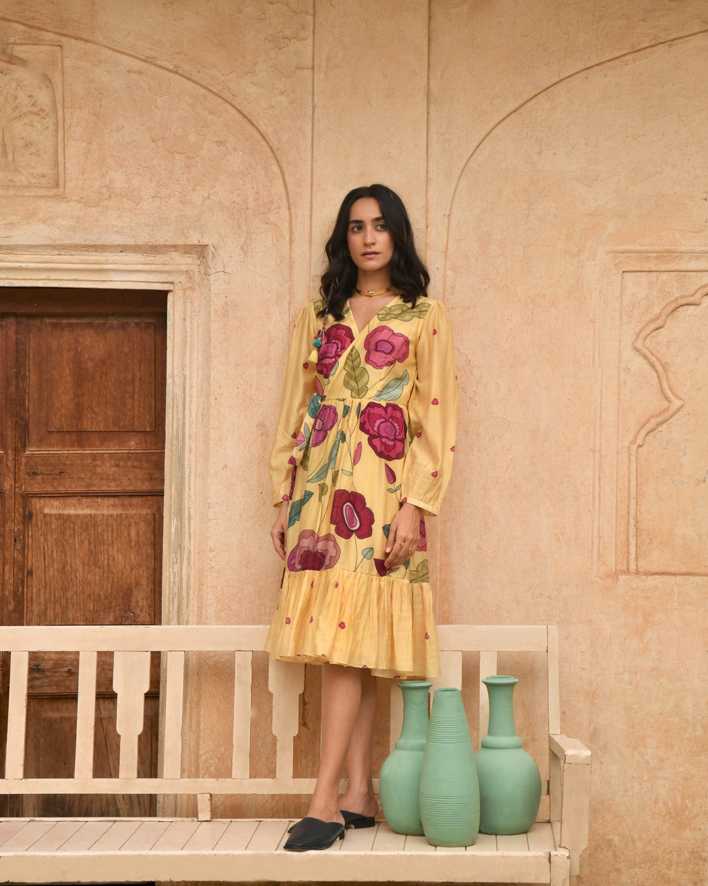 Yellow Printed Midi Dress at Kamakhyaa by Taro. This item is Azo Free Dyes, Chanderi Silk, Evening Wear, Garden Of Dreams, July Sale, July Sale 2023, Midi Dresses, Prints, Relaxed Fit, Womenswear, Wrap Dresses, Yellow