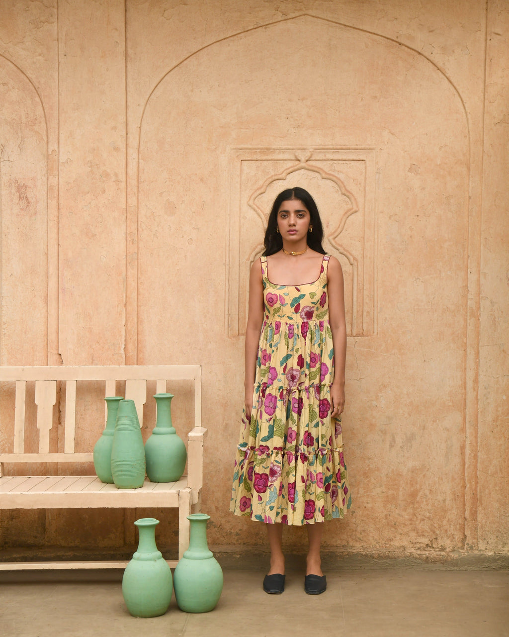 Yellow Printed Midi Dress at Kamakhyaa by Taro. This item is Azo Free Dyes, Evening Wear, Garden Of Dreams, Handwoven, July Sale, July Sale 2023, Midi Dresses, Mulmul, Prints, Regular Fit, Sleeveless Dresses, Womenswear, Yellow