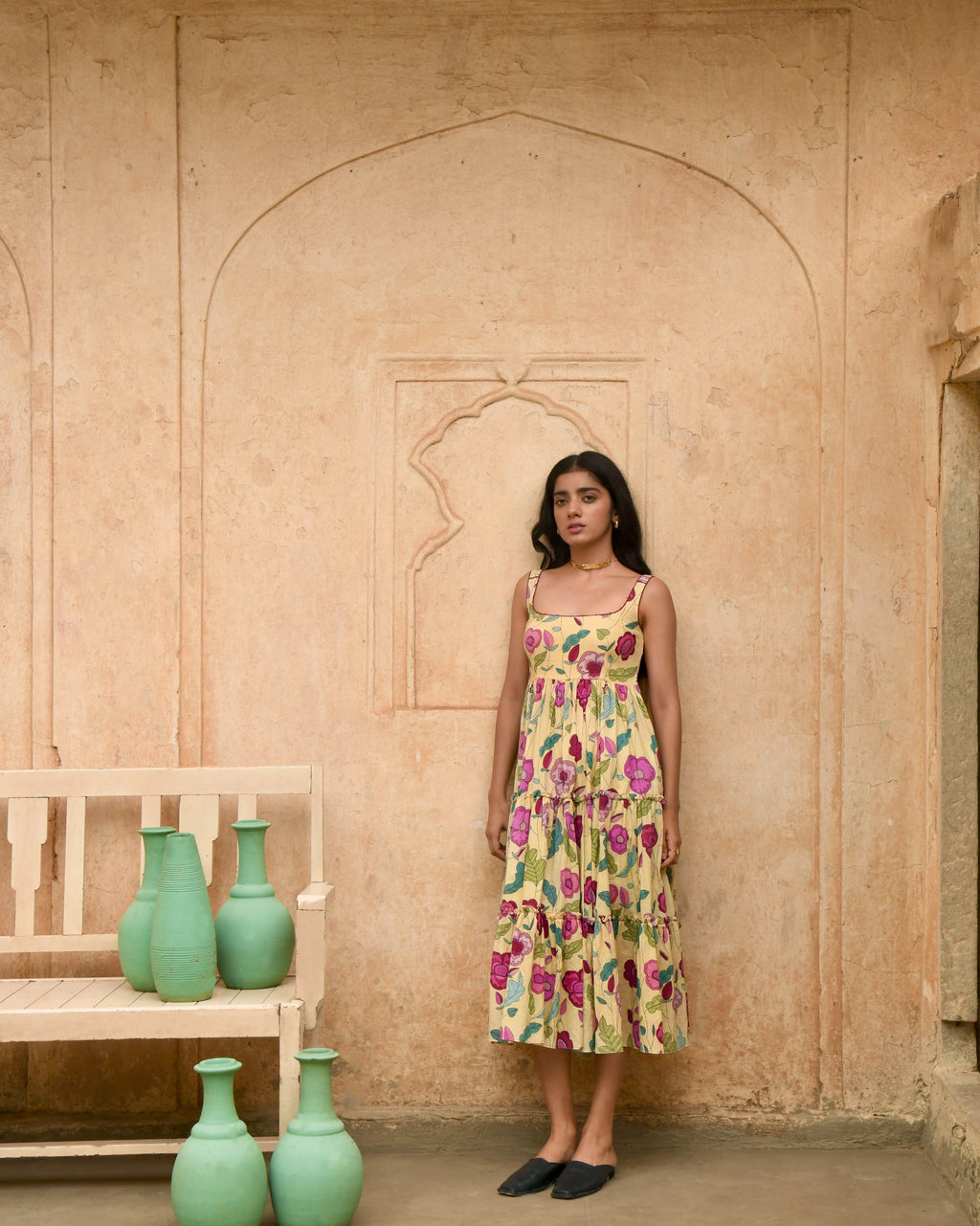 Yellow Printed Midi Dress at Kamakhyaa by Taro. This item is Azo Free Dyes, Evening Wear, Garden Of Dreams, Handwoven, July Sale, July Sale 2023, Midi Dresses, Mulmul, Prints, Regular Fit, Sleeveless Dresses, Womenswear, Yellow