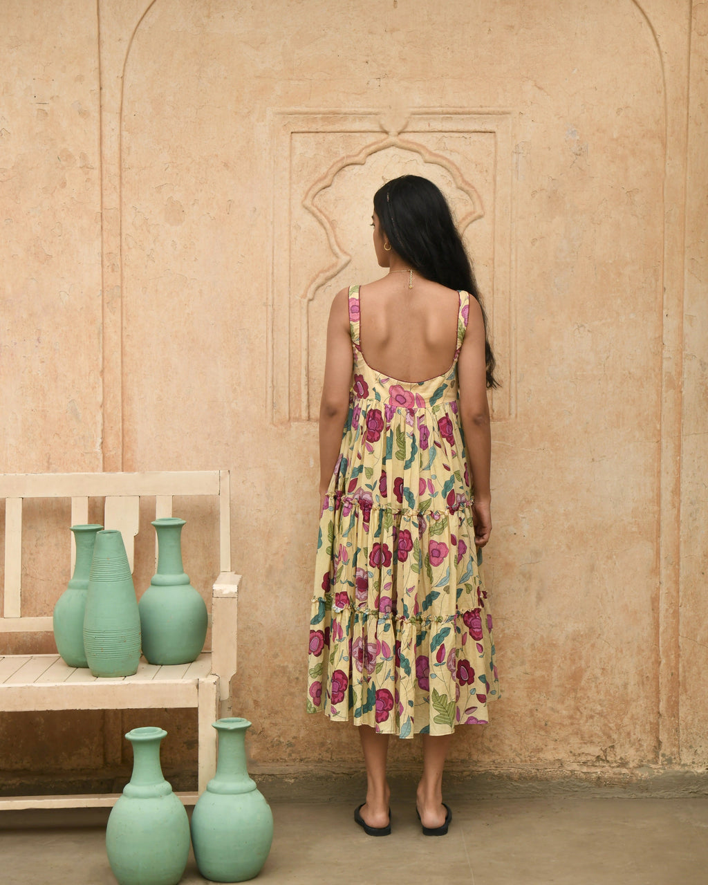 Yellow Printed Midi Dress at Kamakhyaa by Taro. This item is Azo Free Dyes, Evening Wear, Garden Of Dreams, Handwoven, July Sale, July Sale 2023, Midi Dresses, Mulmul, Prints, Regular Fit, Sleeveless Dresses, Womenswear, Yellow