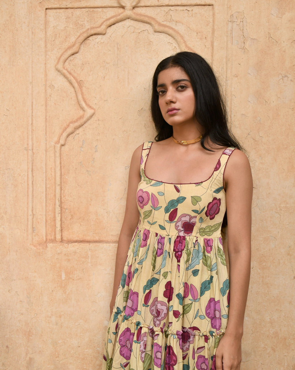 Yellow Printed Midi Dress at Kamakhyaa by Taro. This item is Azo Free Dyes, Evening Wear, Garden Of Dreams, Handwoven, July Sale, July Sale 2023, Midi Dresses, Mulmul, Prints, Regular Fit, Sleeveless Dresses, Womenswear, Yellow