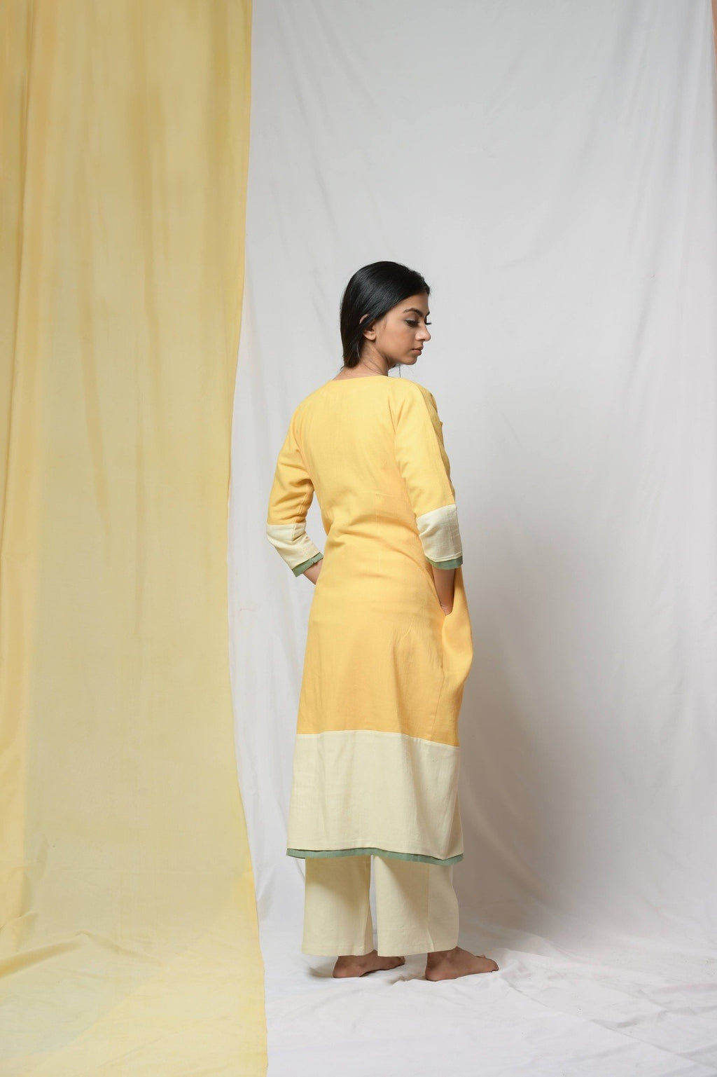 Yellow Roving Dunes Jacket at Kamakhyaa by Niraa. This item is Coats, Cotton khadi, Evening Wear, Natural with azo dyes, Relaxed Fit, Solids, Tales of rippling brooks, Womenswear, Yellow